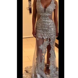 Portia and Scarlett Silver Lace Prom Dress